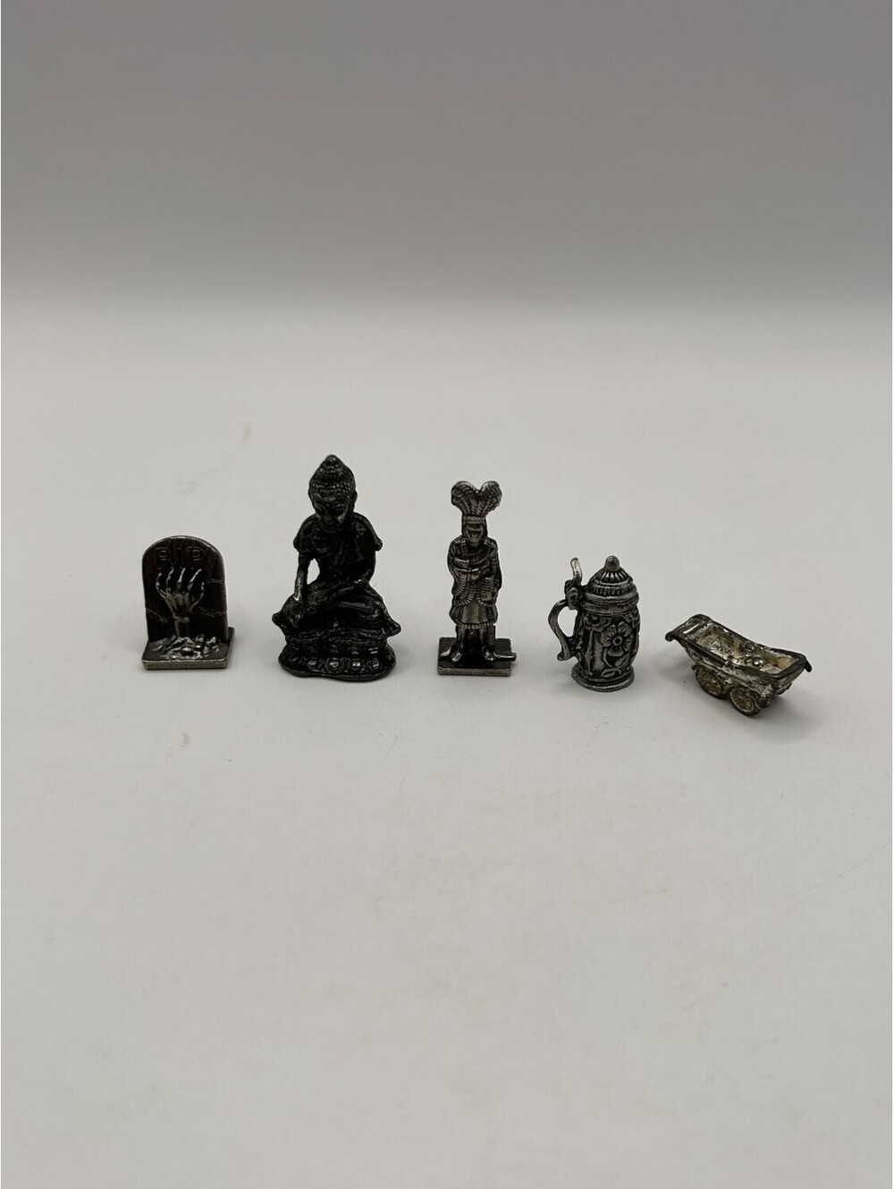 Miniature Metal Figurines Lot of 5 Buddha Tombstone Stein Mine Cart